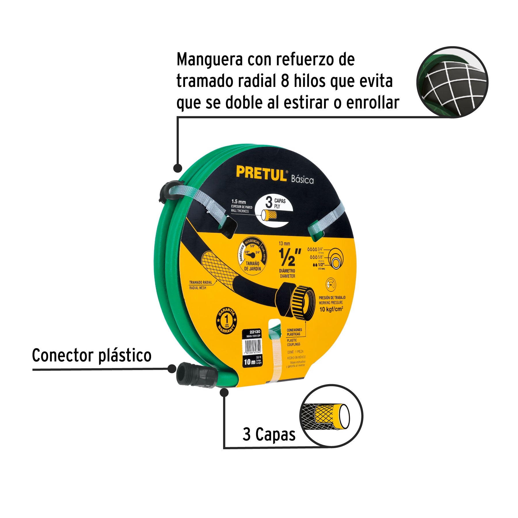 Manguera 1/2", 2 capas, conexiones plásticas, 10 m, Pretul