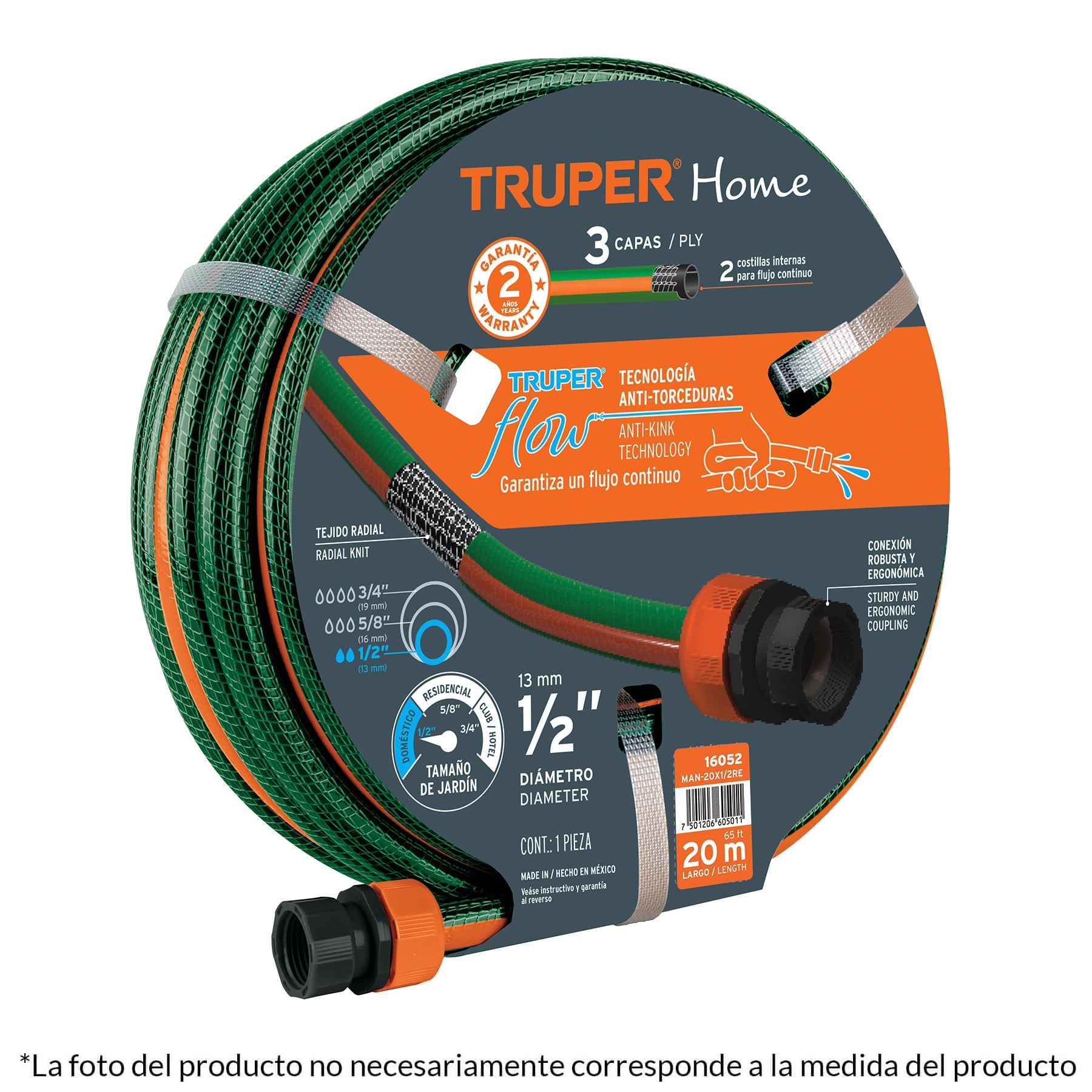 Manguera 1/2",reforzada, 3 capas, conexiones plásticas, 10 m