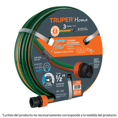Manguera 1/2",reforzada, 3 capas, conexiones plásticas, 10 m