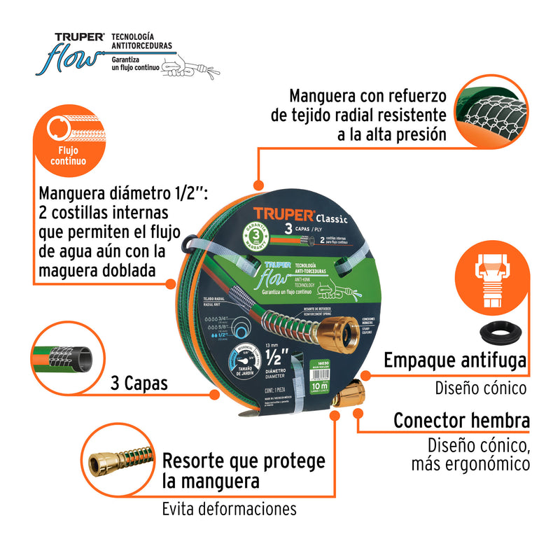 Manguera 1/2", reforzada 3 capas, conexiones de metal, 10 m
