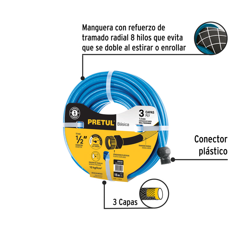 Manguera 1/2", conexiones plásticas, 15 m, Pretul