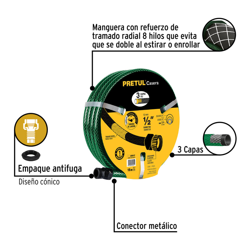 Manguera 1/2' reforzada 3 capas conexiones metal 15m, Pretul