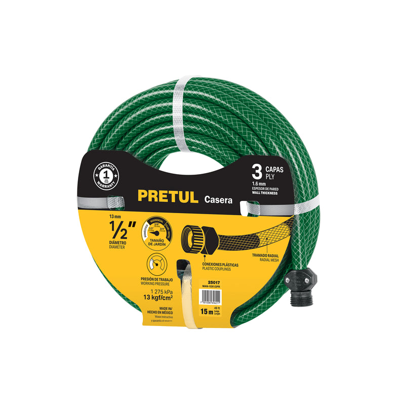 Manguera 1/2", reforzada 3 capas, 15 m, pretul