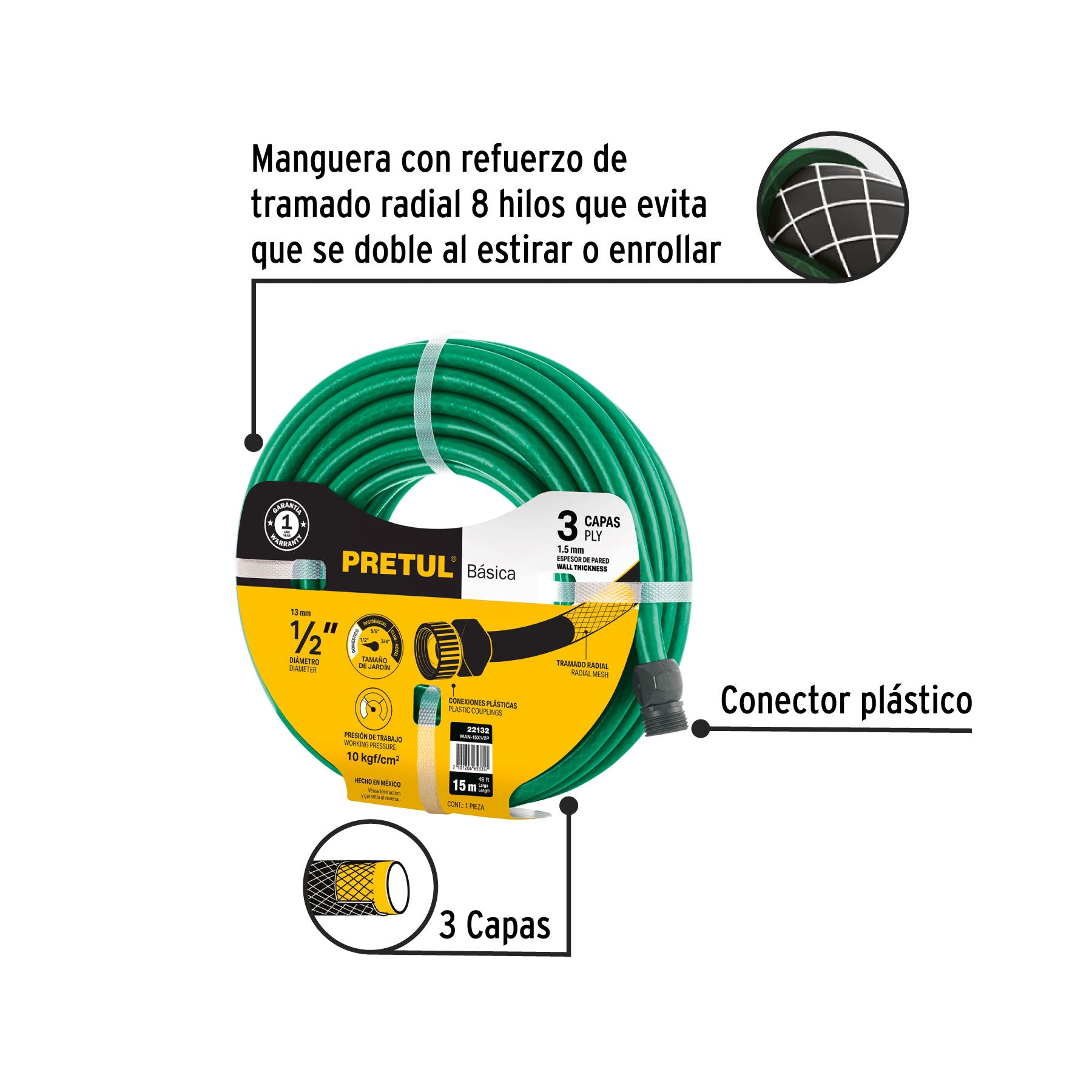 Manguera 1/2", 2 capas, conexiones plásticas, 15 m, Pretul