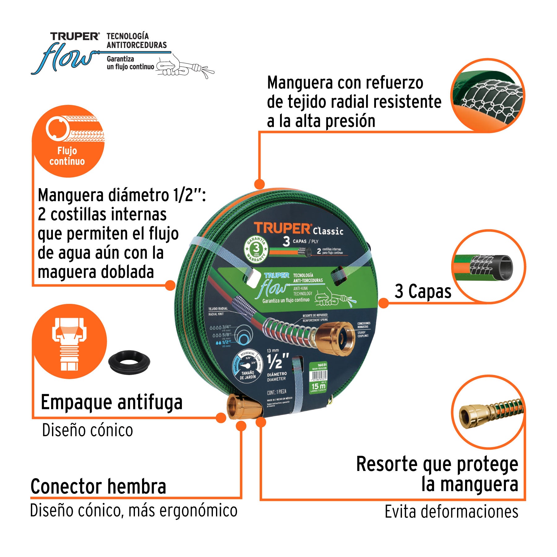 Manguera 1/2", reforzada 3 capas, conexiones de metal, 15 m