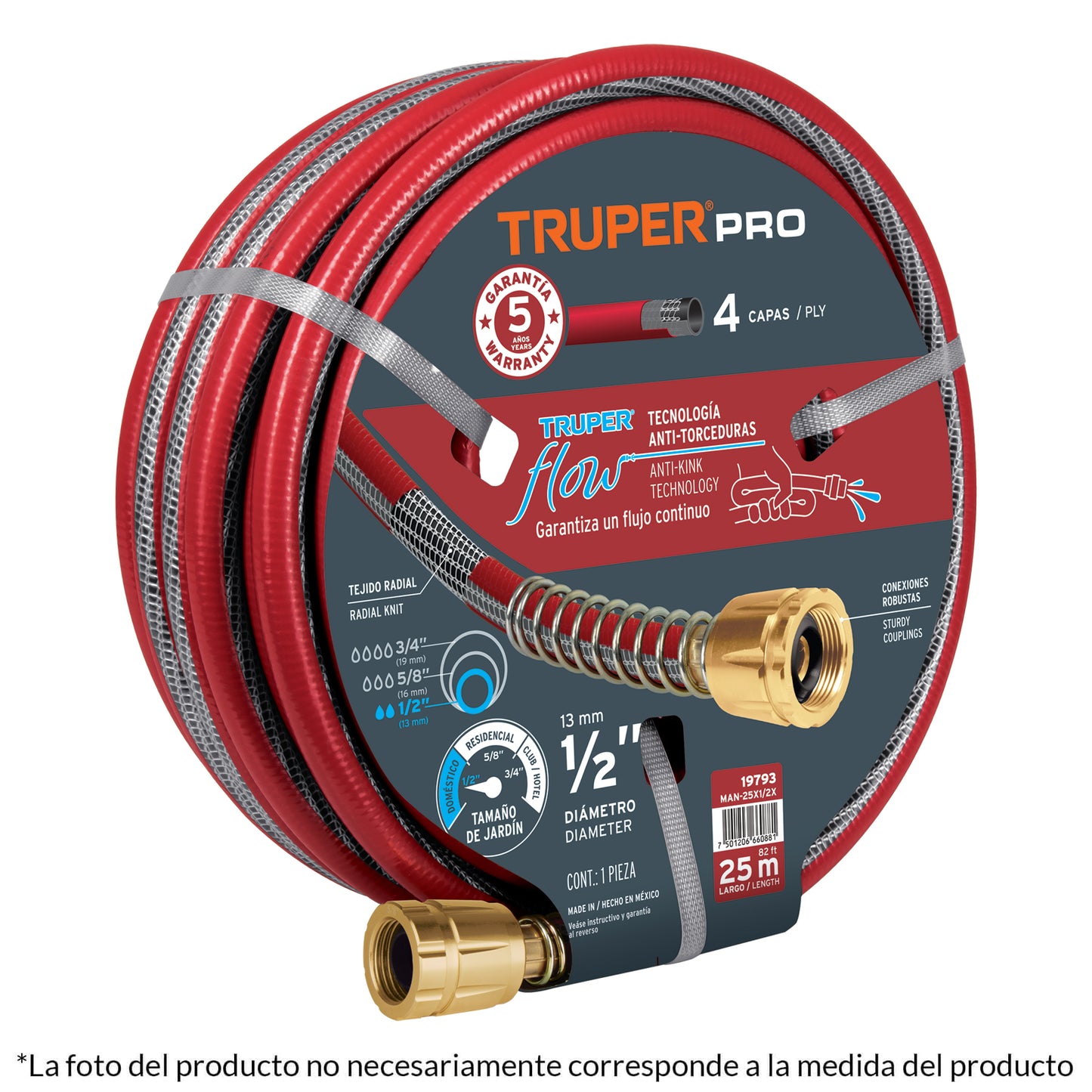 Manguera 1/2", super reforzada 4 capas, conexiones metal,15m