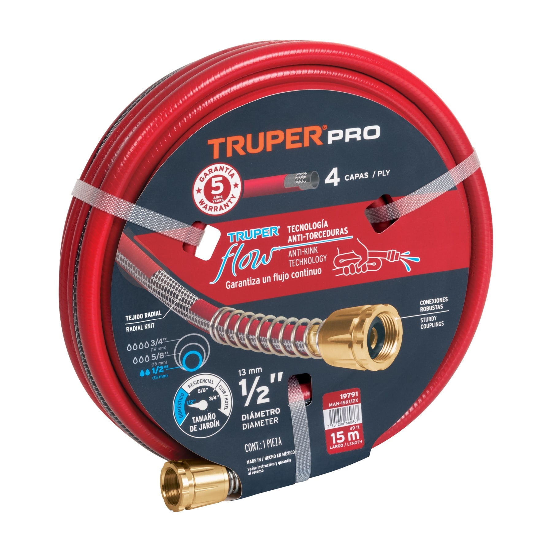 Manguera 1/2", super reforzada 4 capas, conexiones metal,15m