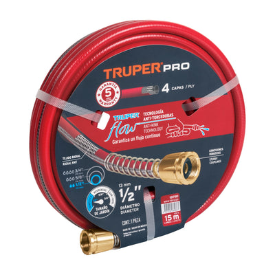 Manguera 1/2", super reforzada 4 capas, conexiones metal,15m