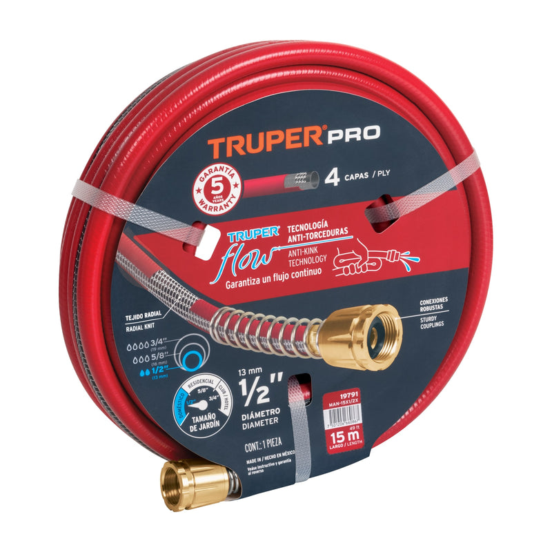 Manguera 1/2", super reforzada 4 capas, conexiones metal,15m