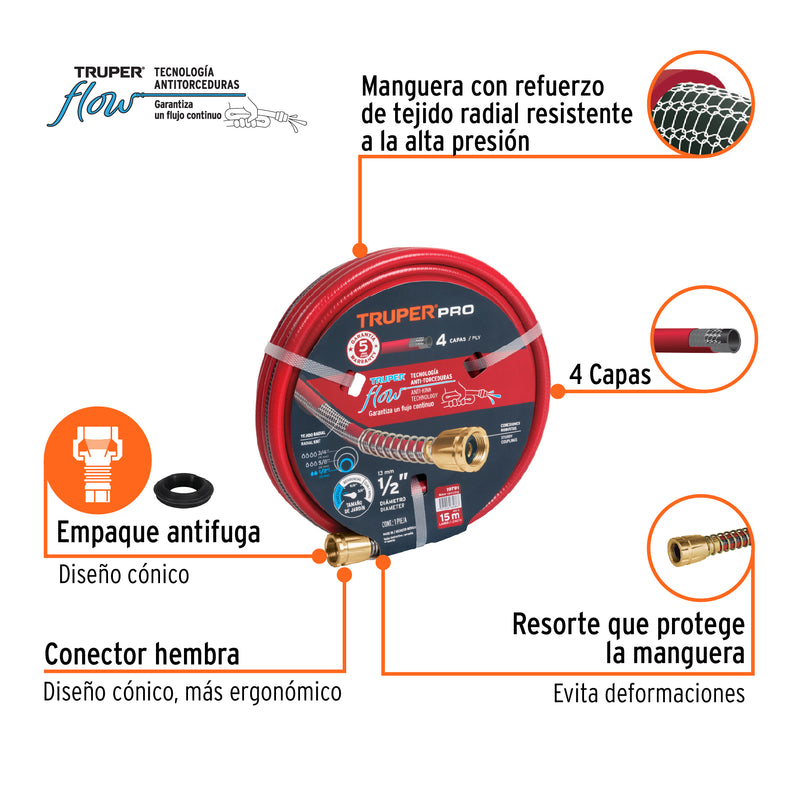 Manguera 1/2", super reforzada 4 capas, conexiones metal,15m