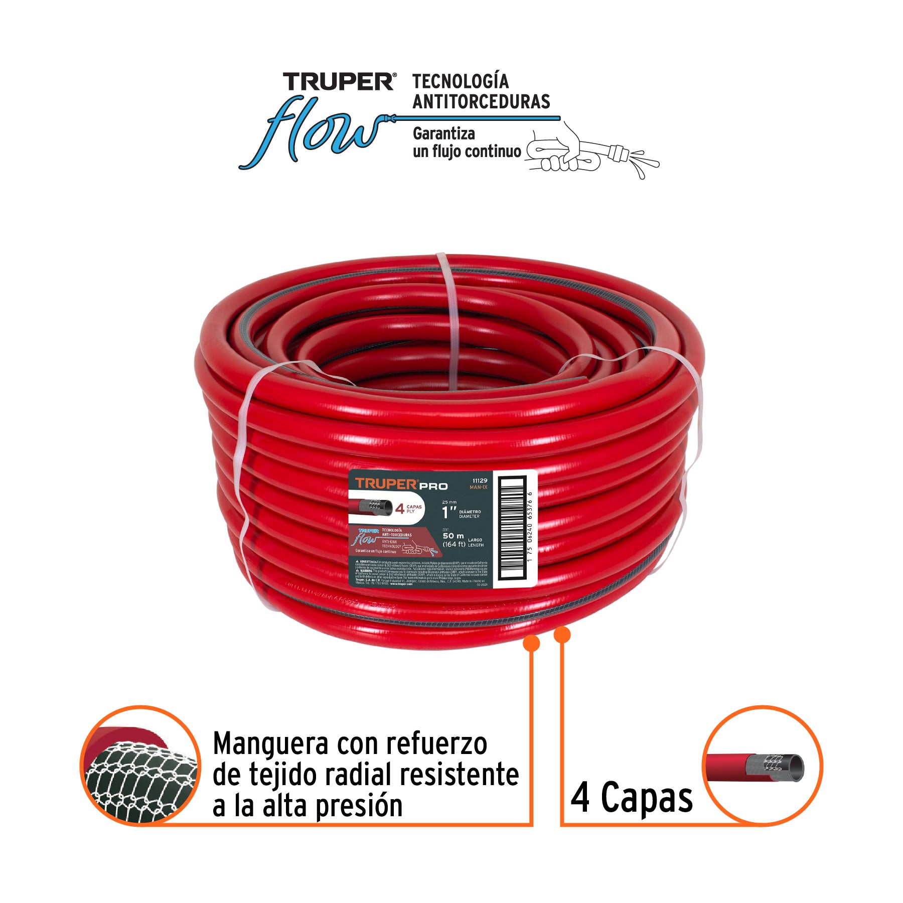 Manguera 1", super reforzada, 4 capas, 50 m