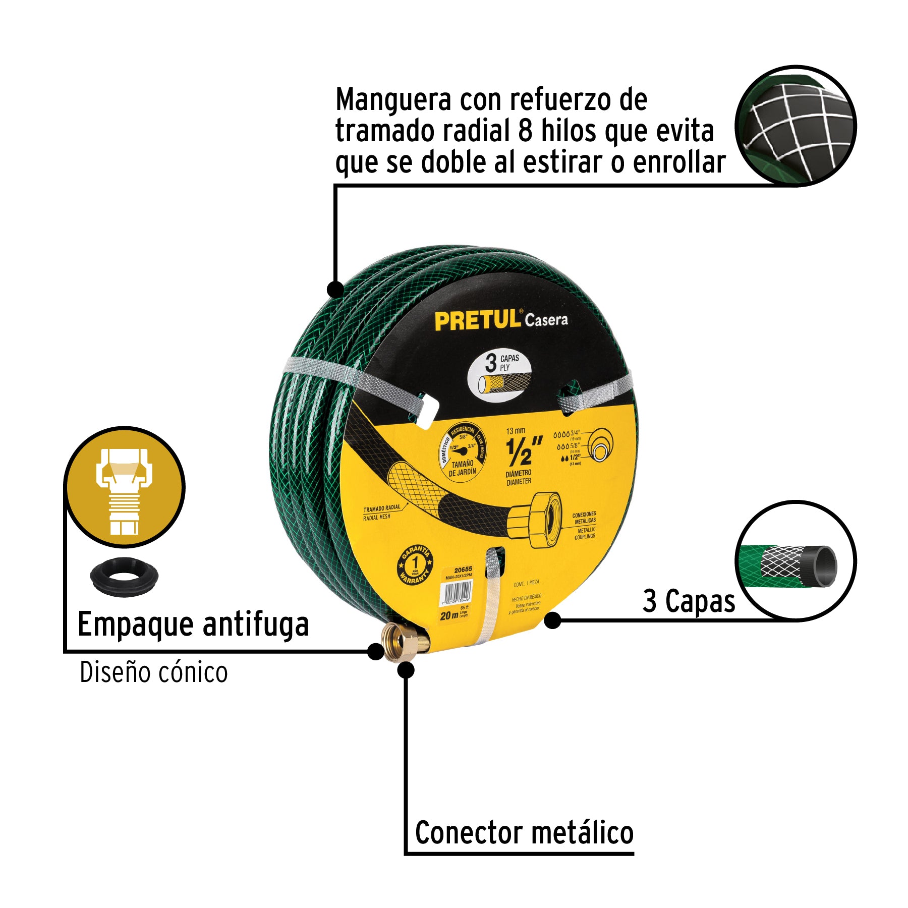 Manguera 1/2' reforzada 3 capas conexiones metal 20m, Pretul