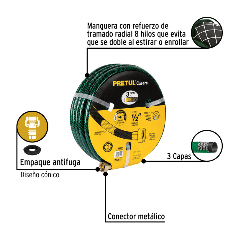 Manguera 1/2' reforzada 3 capas conexiones metal 20m, Pretul