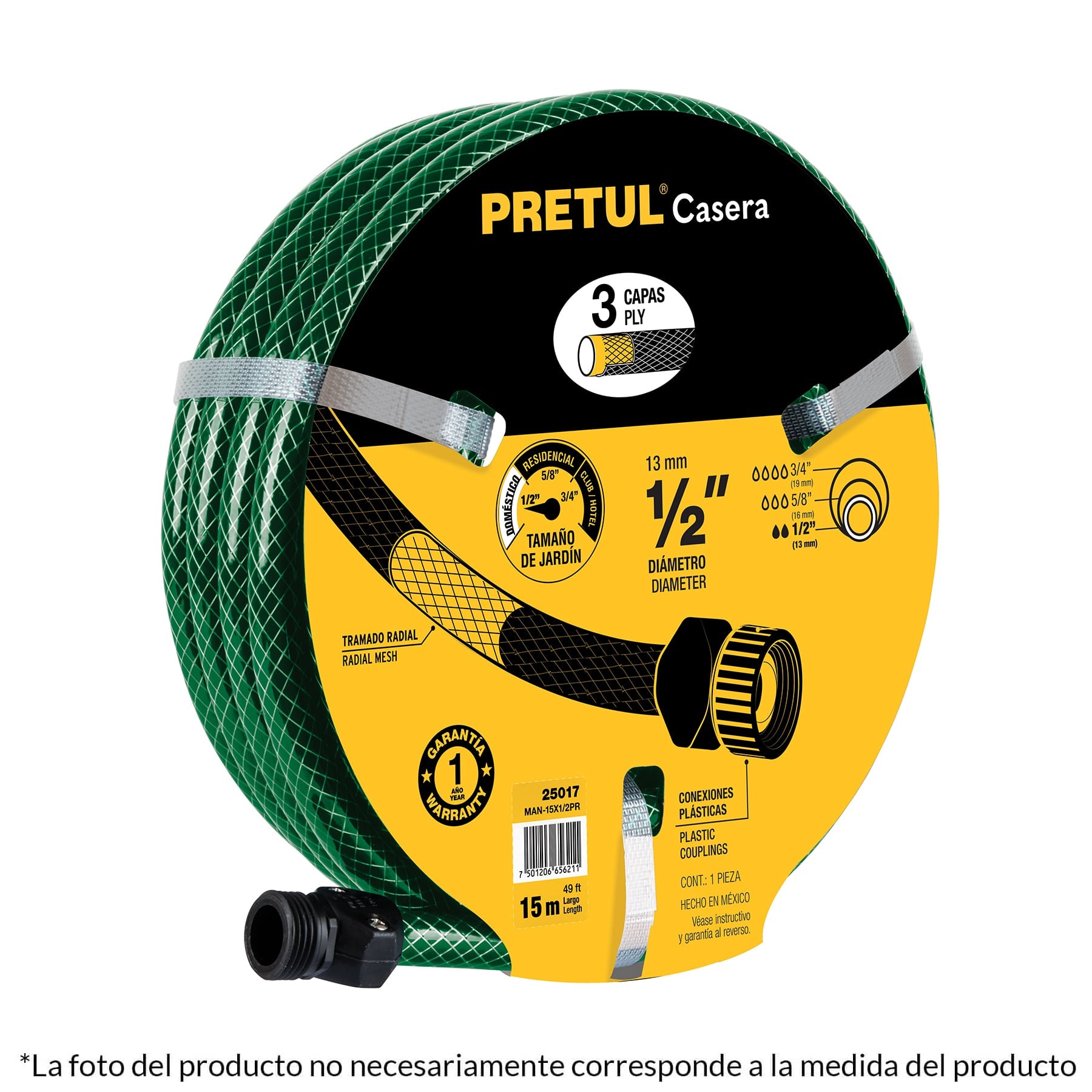 Manguera 1/2", reforzada 3 capas, 20 m, pretul