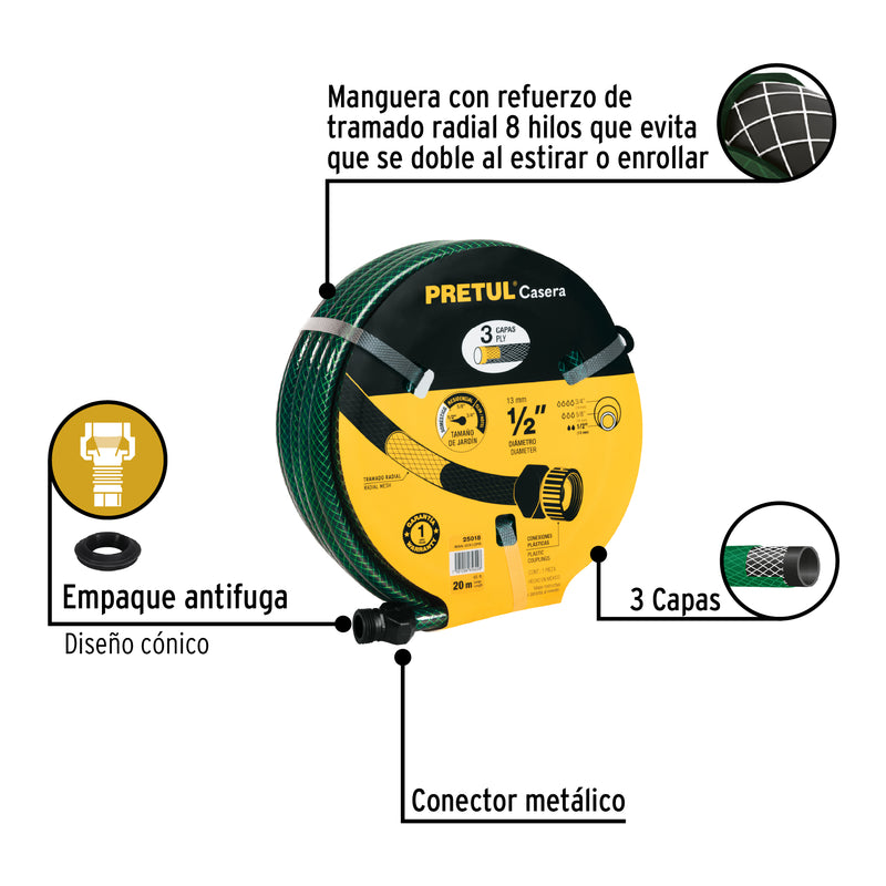Manguera 1/2", reforzada 3 capas, 20 m, pretul