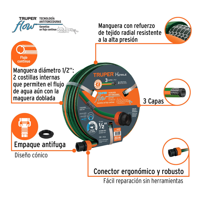 Manguera 1/2",reforzada, 3 capas, conexiones plásticas, 20 m