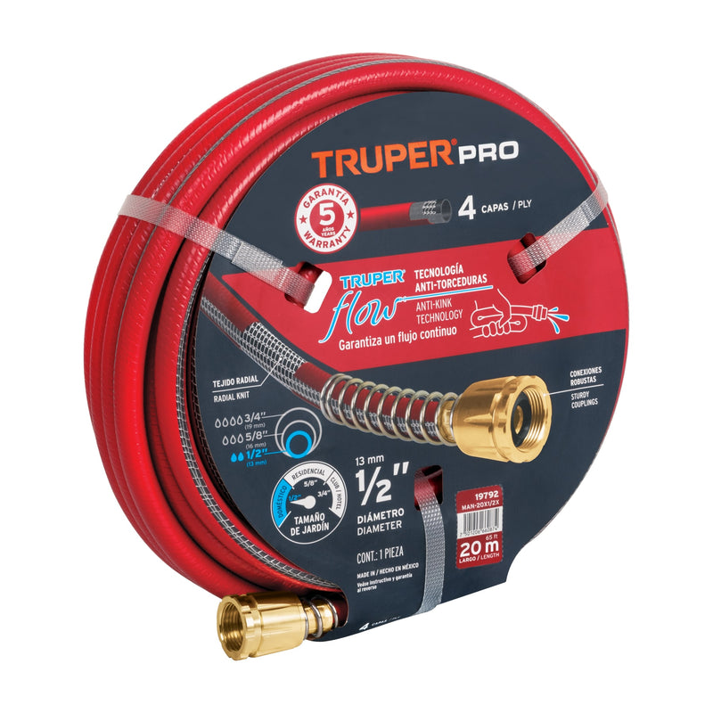 Manguera 1/2", super reforzada 4 capas, conexiones metal,20m