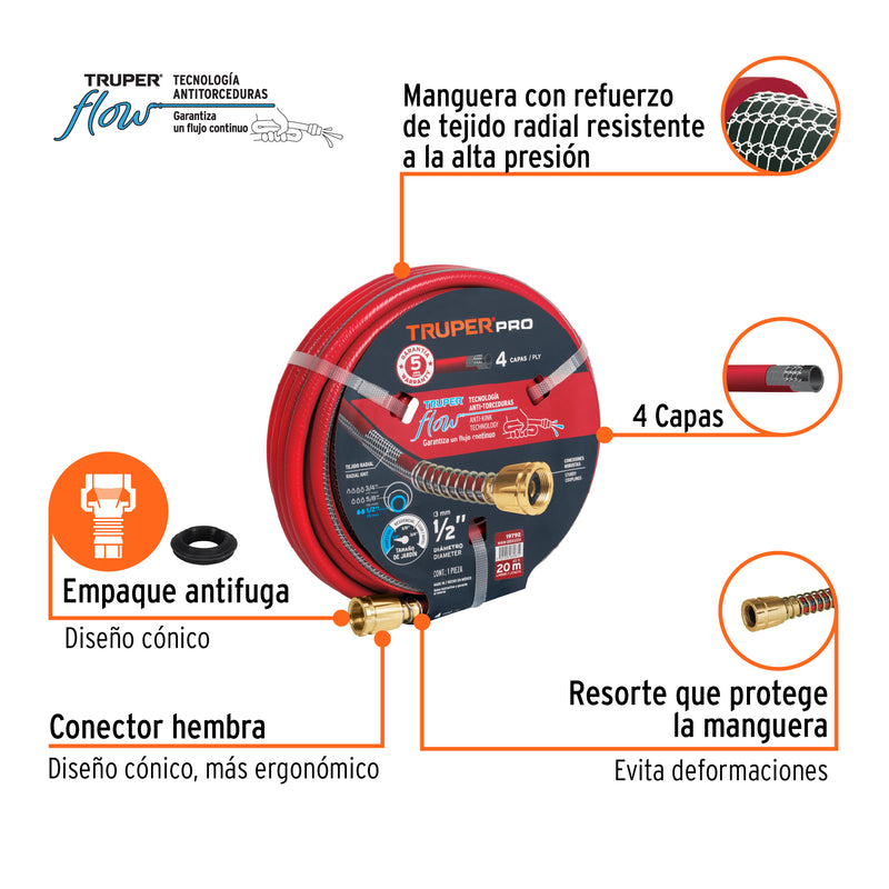 Manguera 1/2", super reforzada 4 capas, conexiones metal,20m