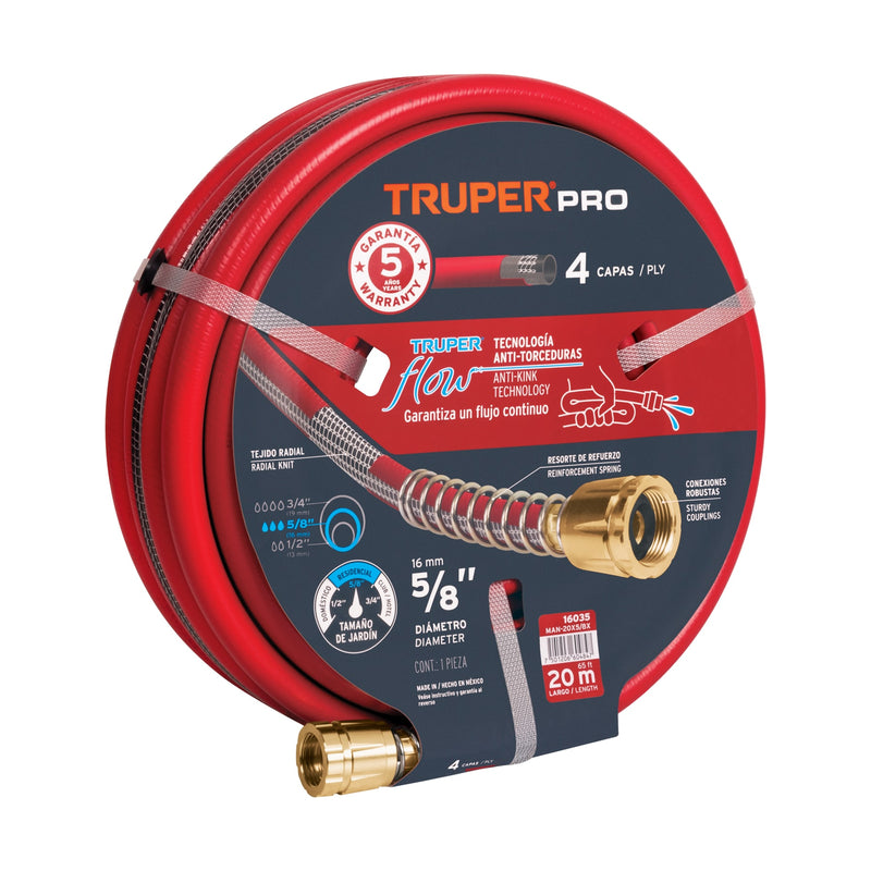 Manguera 5/8", super reforzada 4 capas, conexiones metal,20m