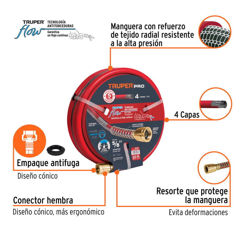 Manguera 5/8", super reforzada 4 capas, conexiones metal,20m
