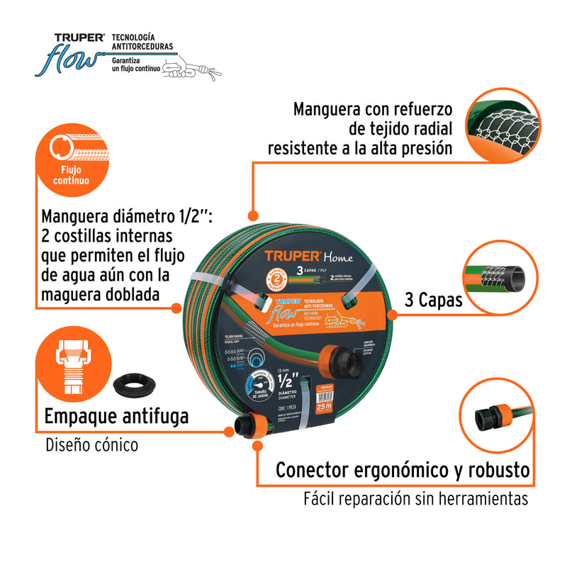 Manguera 1/2' reforzada 3 capas 25 m conexiones plásticas
