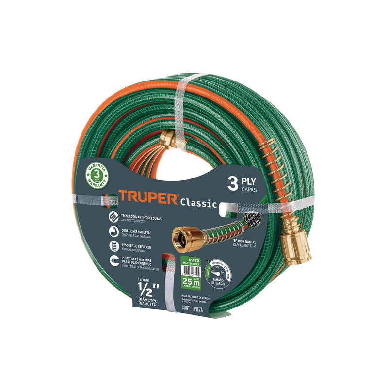 Manguera 1/2", reforzada 3 capas, conexiones de metal, 25 m