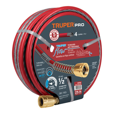 Manguera 1/2", super reforzada 4 capas, conexiones metal,25m