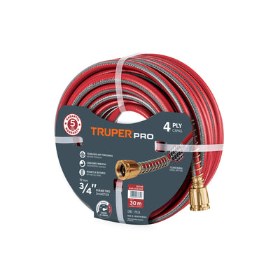Manguera 1/2", super reforzada 4 capas, conexiones metal,25m