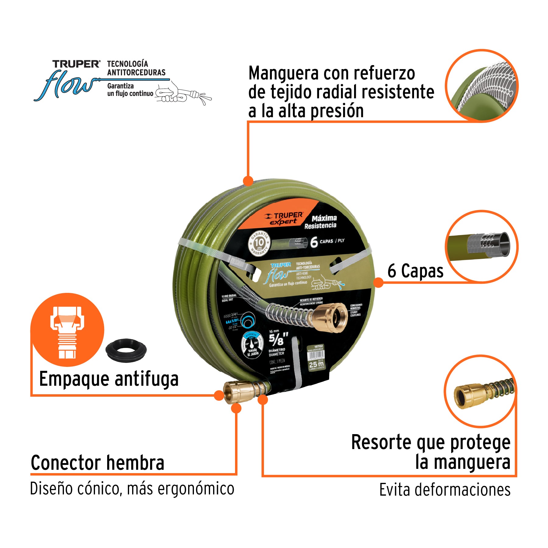 Manguera 5/8", flujo continuo 6 capas, conexiones metal, 25m