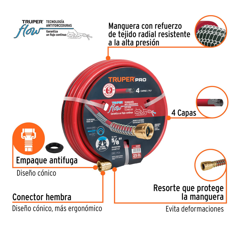 Manguera 5/8", super reforzada 4 capas, conexiones metal,25m