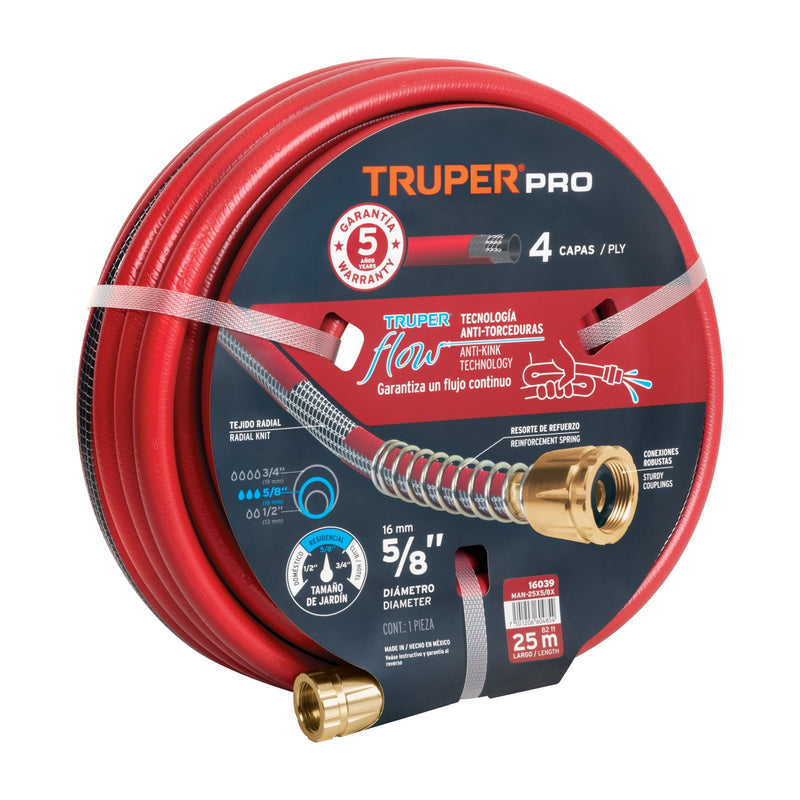 Manguera 5/8", super reforzada 4 capas, conexiones metal,25m