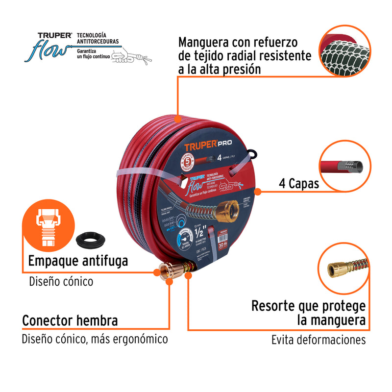 Manguera 1/2' super reforzada 4 capas 30 m conexiones metal