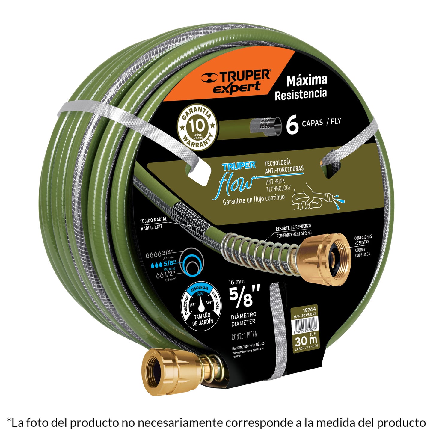 Manguera 3/4", flujo continuo 6 capas, conexiones metal, 30m