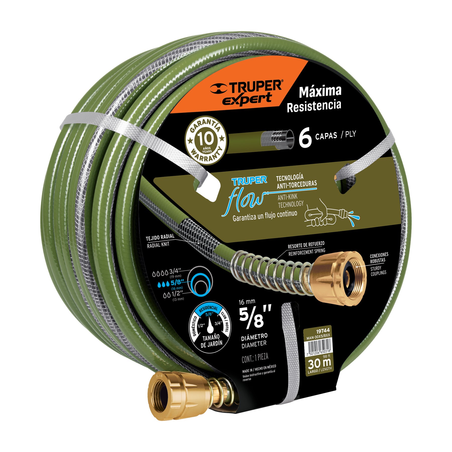 Manguera 5/8", flujo continuo,6 capas, conexiones metal, 30m