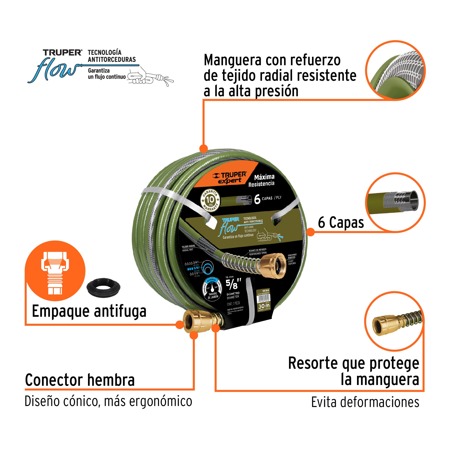 Manguera 5/8", flujo continuo,6 capas, conexiones metal, 30m