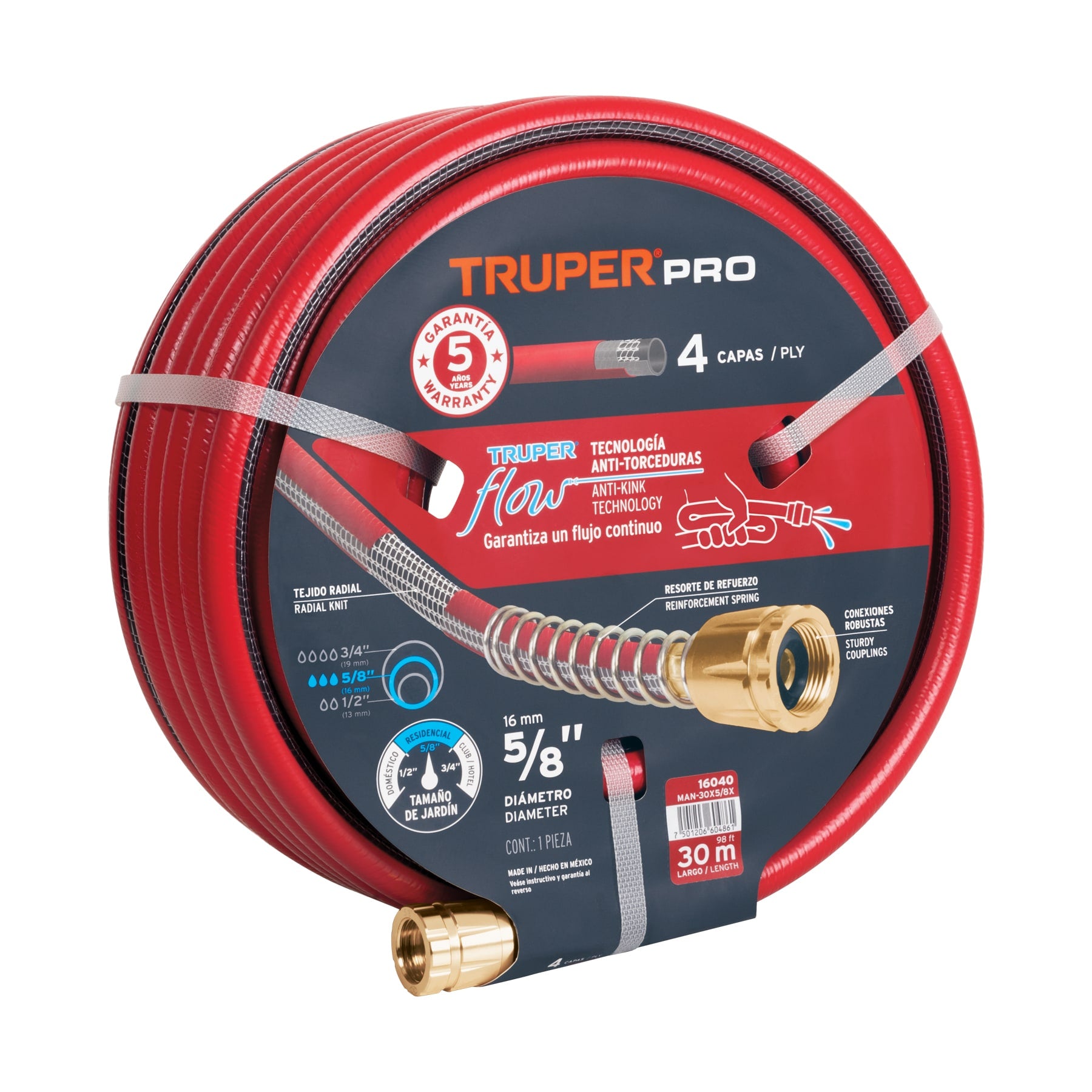 Manguera 5/8", super reforzada 4 capas, conexiones metal,30m