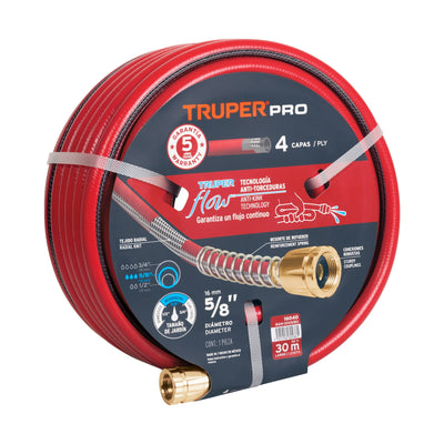 Manguera 5/8", super reforzada 4 capas, conexiones metal,30m
