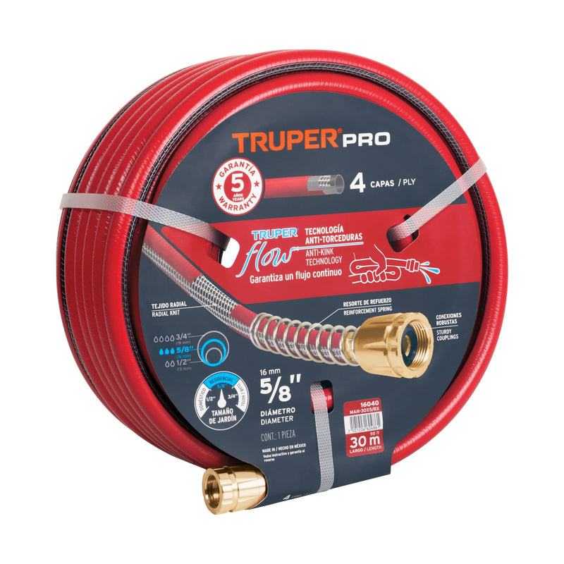 Manguera 5/8", super reforzada 4 capas, conexiones metal,30m