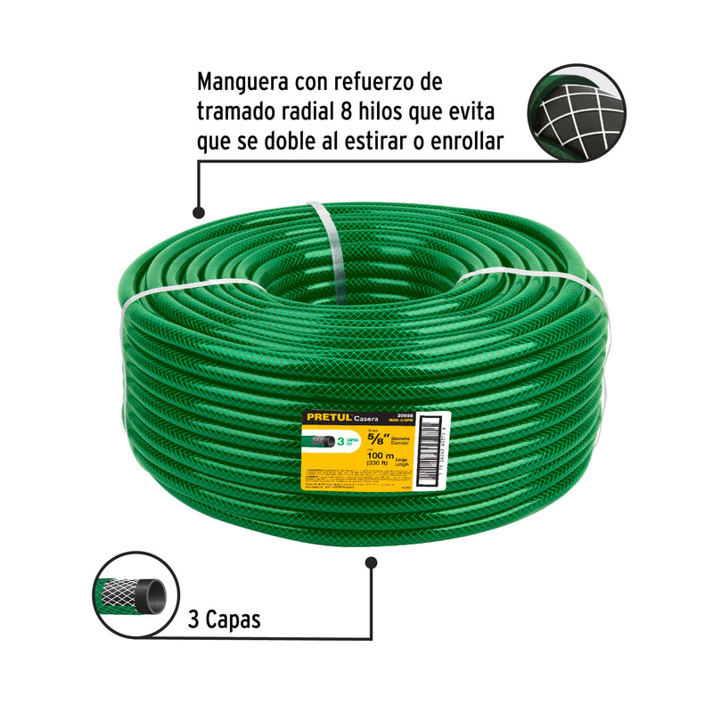 Manguera 5/8", reforzada, 3 capas, 100 m, Pretul