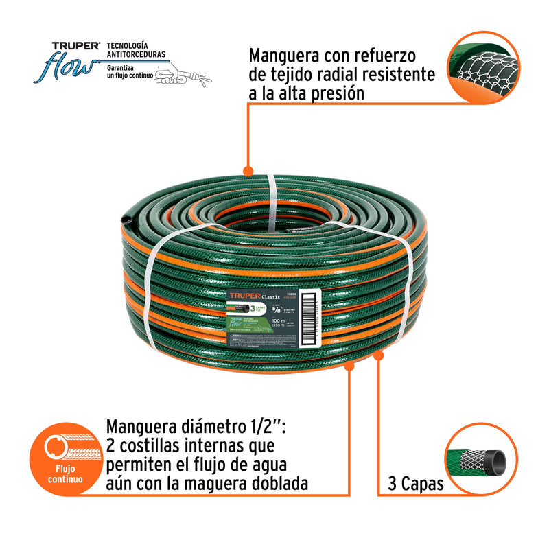 Manguera 5/8", reforzada, 3 capas, 100 m