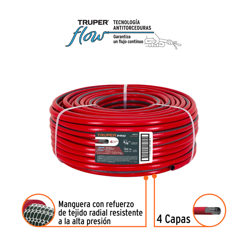 Manguera 5/8", super reforzada, 4 capas, 100 m