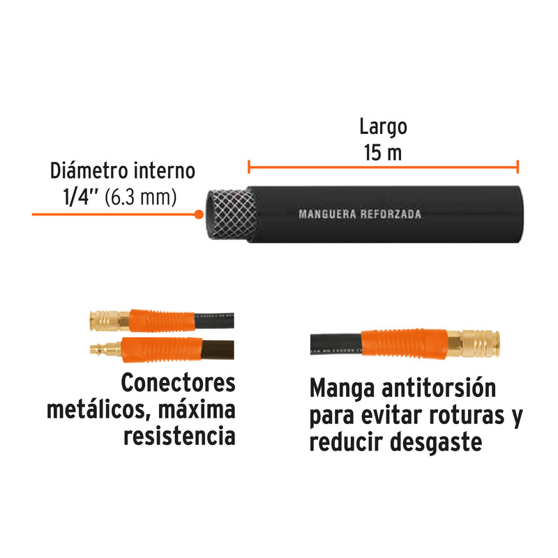 Manguera para alta presión, 15 mts, 1/4"