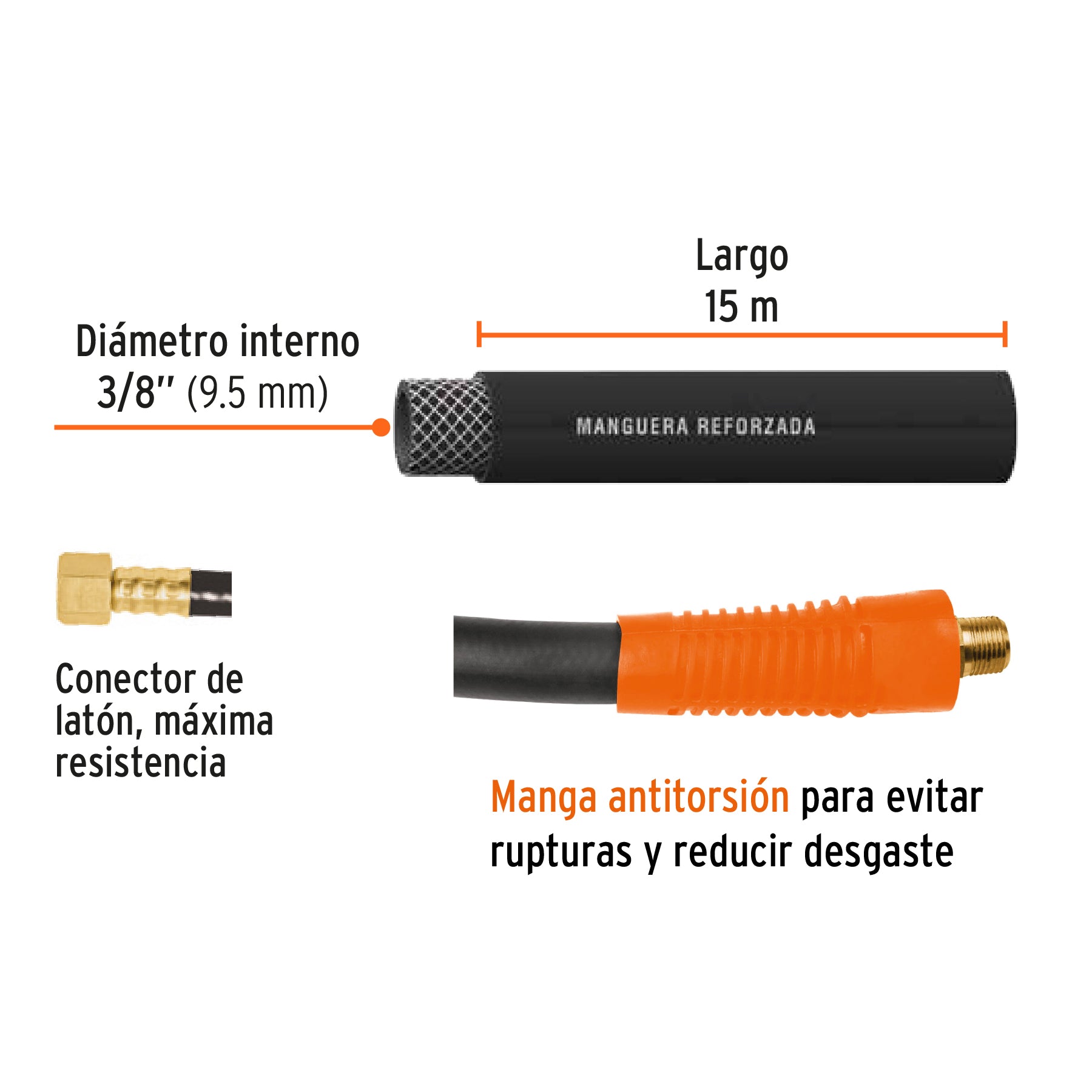 Manguera para alta presión, 15 mts, 3/8"