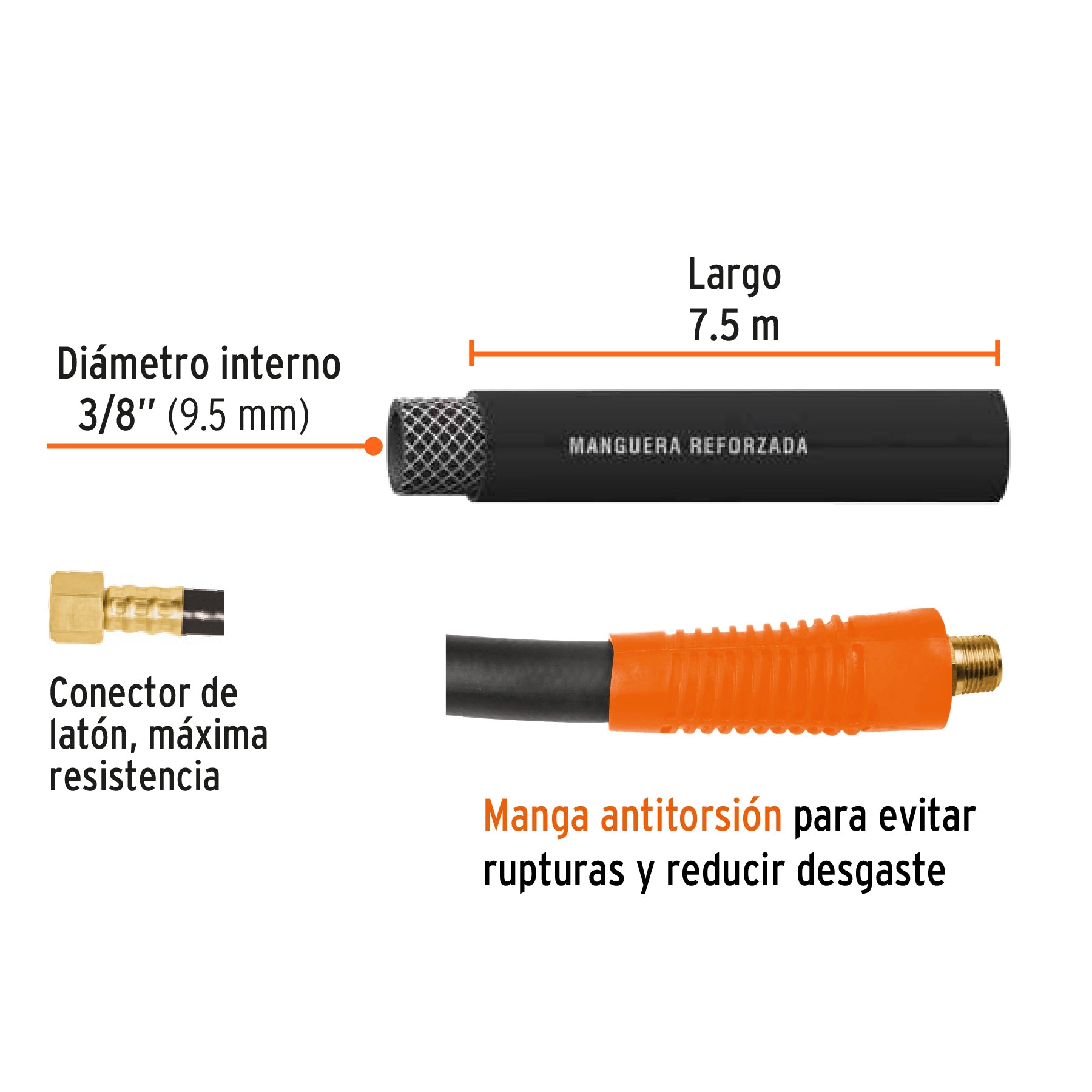 Manguera para alta presión, 7.5 mts, 3/8"