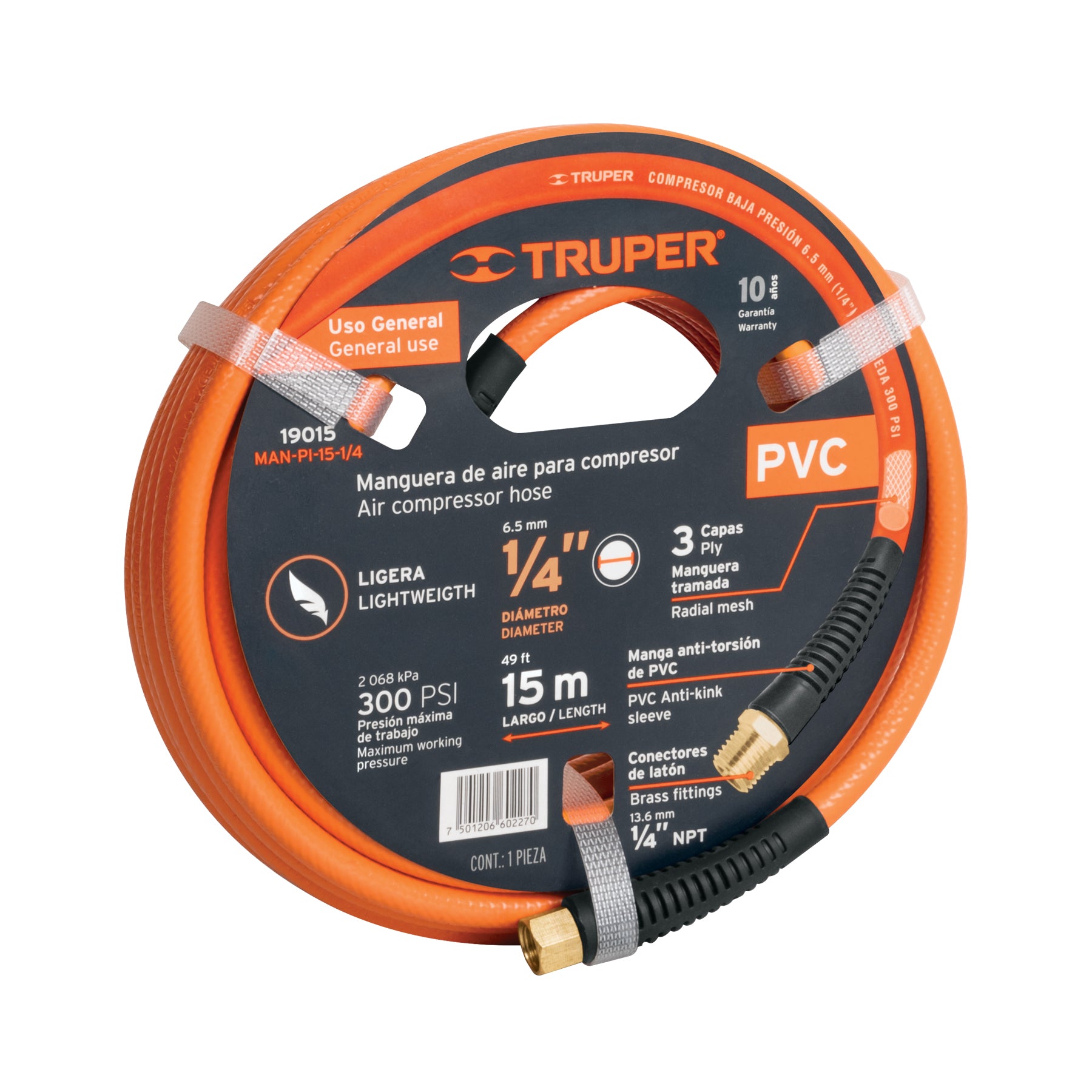 Manguera de PVC, baja presión, 15 m, 1/4"
