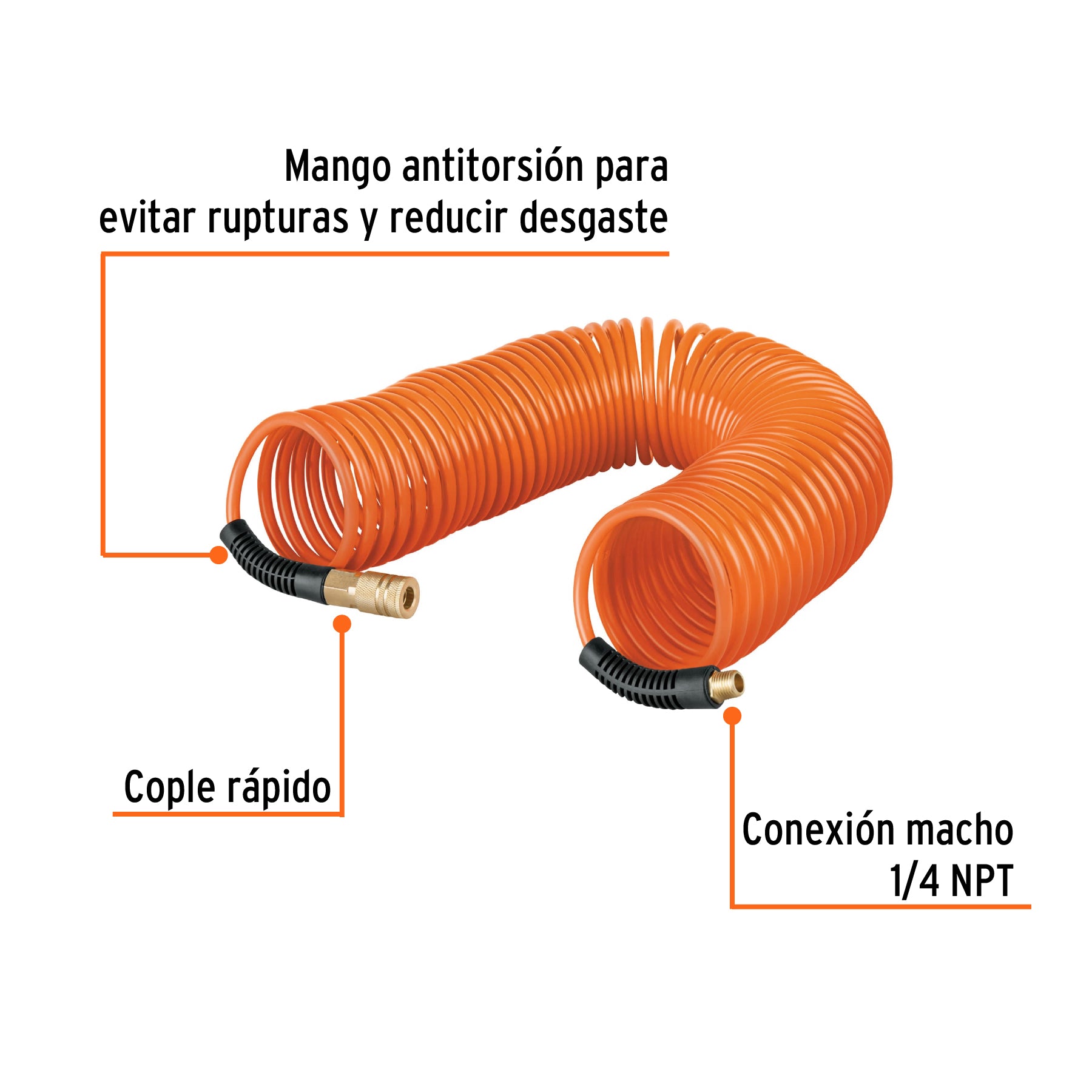 Manguera tipo resorte para compresor, 1/4" x 50 ft