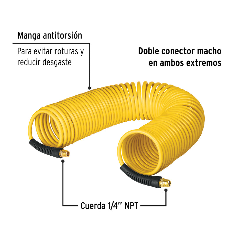 Manguera de 7.6 m tipo resorte 1/4' para compresor, Pretul