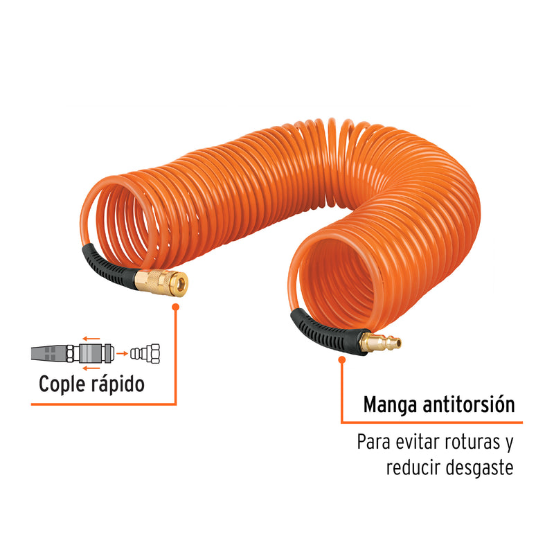 Manguera de 7.6 m tipo resorte 1/4' para compresor, Truper