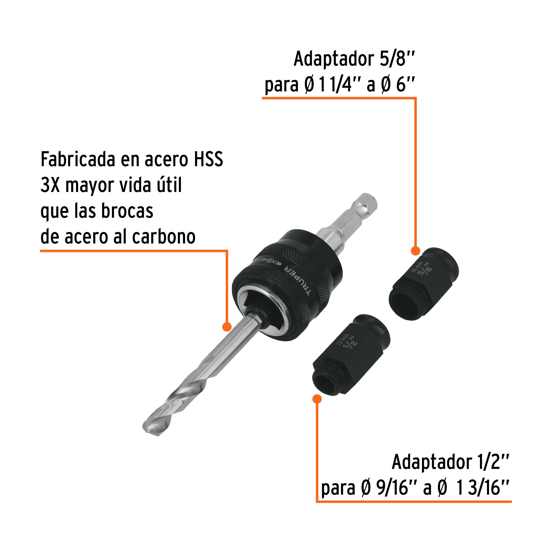 Mandril de cambio rápido con adaptadores y broca, Truper