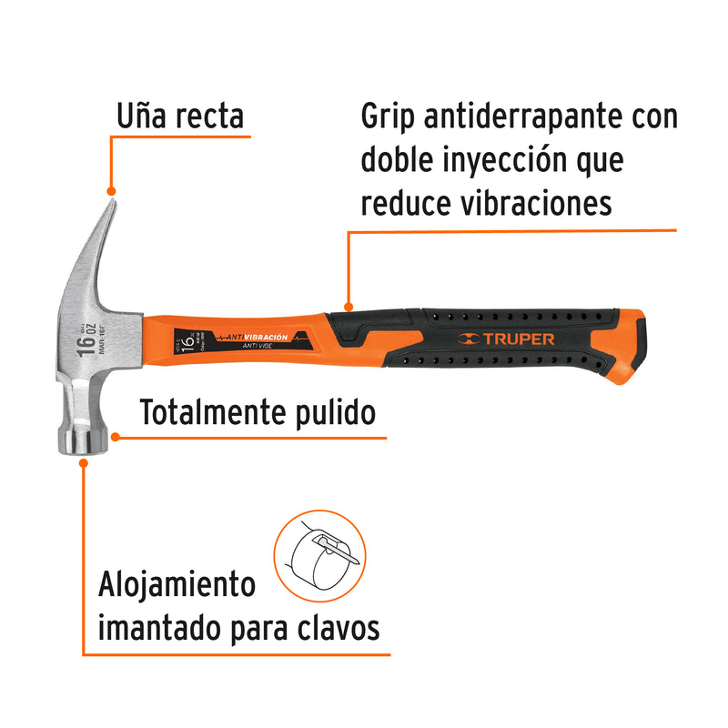 Martillo de uña recta de 16oz, mango fibra de vidrio